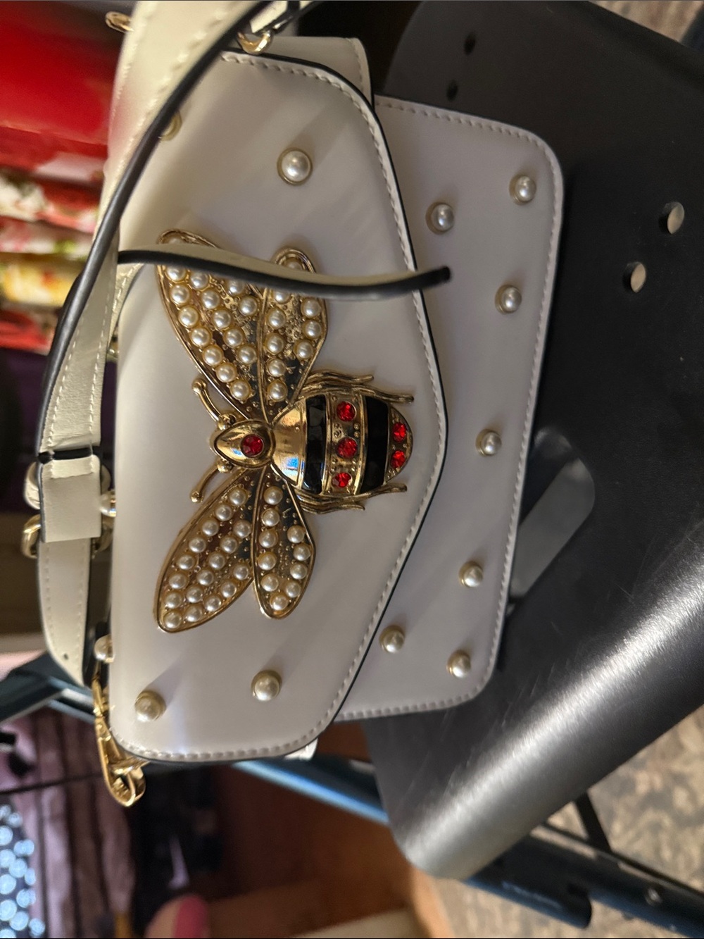 White Pearl-Embellished Bee Crossbody Bag